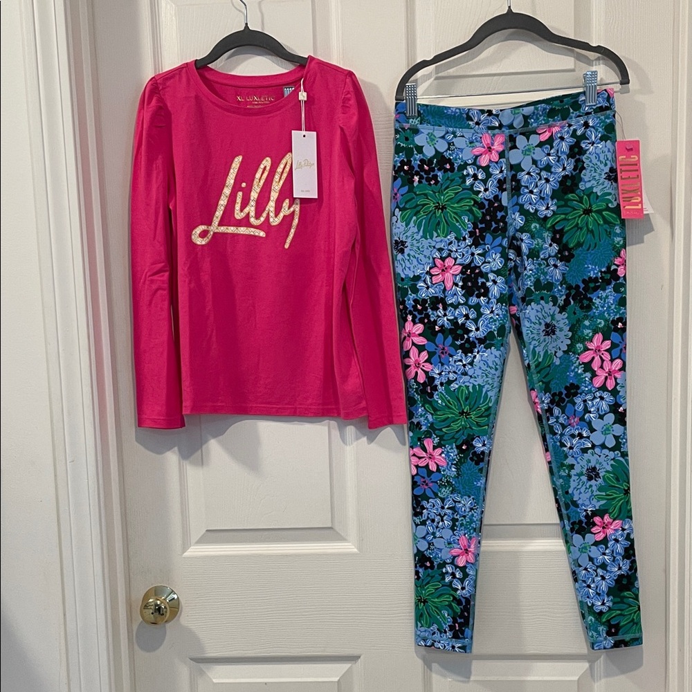 Fun Colors Lilly Pulitzer Kids Luxletic Pink Top and Floral Leggings NWT  12-14